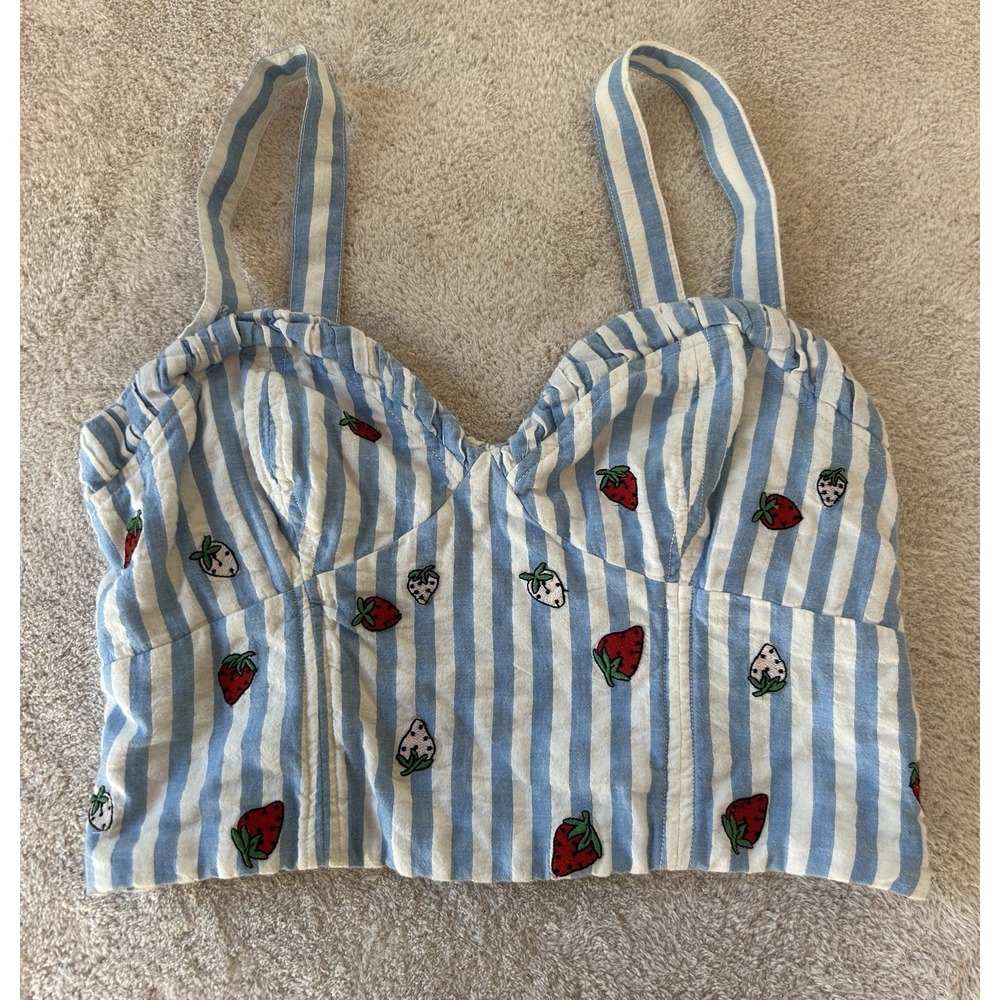 Maeve Anthropologie Sz 8 Blue White Stripe Strawberry Embroidered Cami Tank Top‎